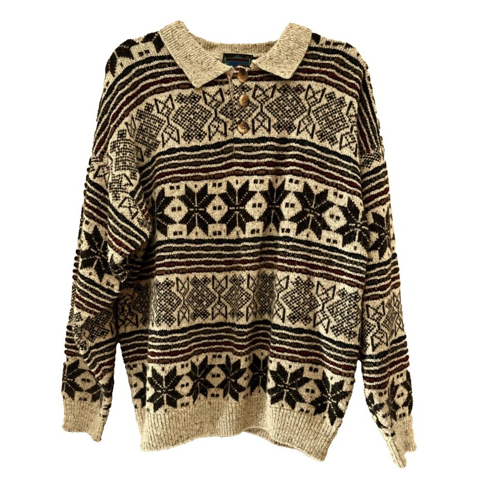 Vintage Grandpa Sweater Etchings Mens sz L Cream Brown Wool Blend Y2K Fair Isle